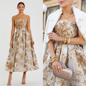 NWT | Mac Duggal Strapless Brocade Fit And Flare Midi Ivory Bronze Dress #20716